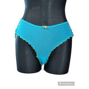 VICTORIA'S SECRET L BLUE MESH FLORAL APPLIQUE RUFFLEE VINTAGE  PANTIES L Y2K
